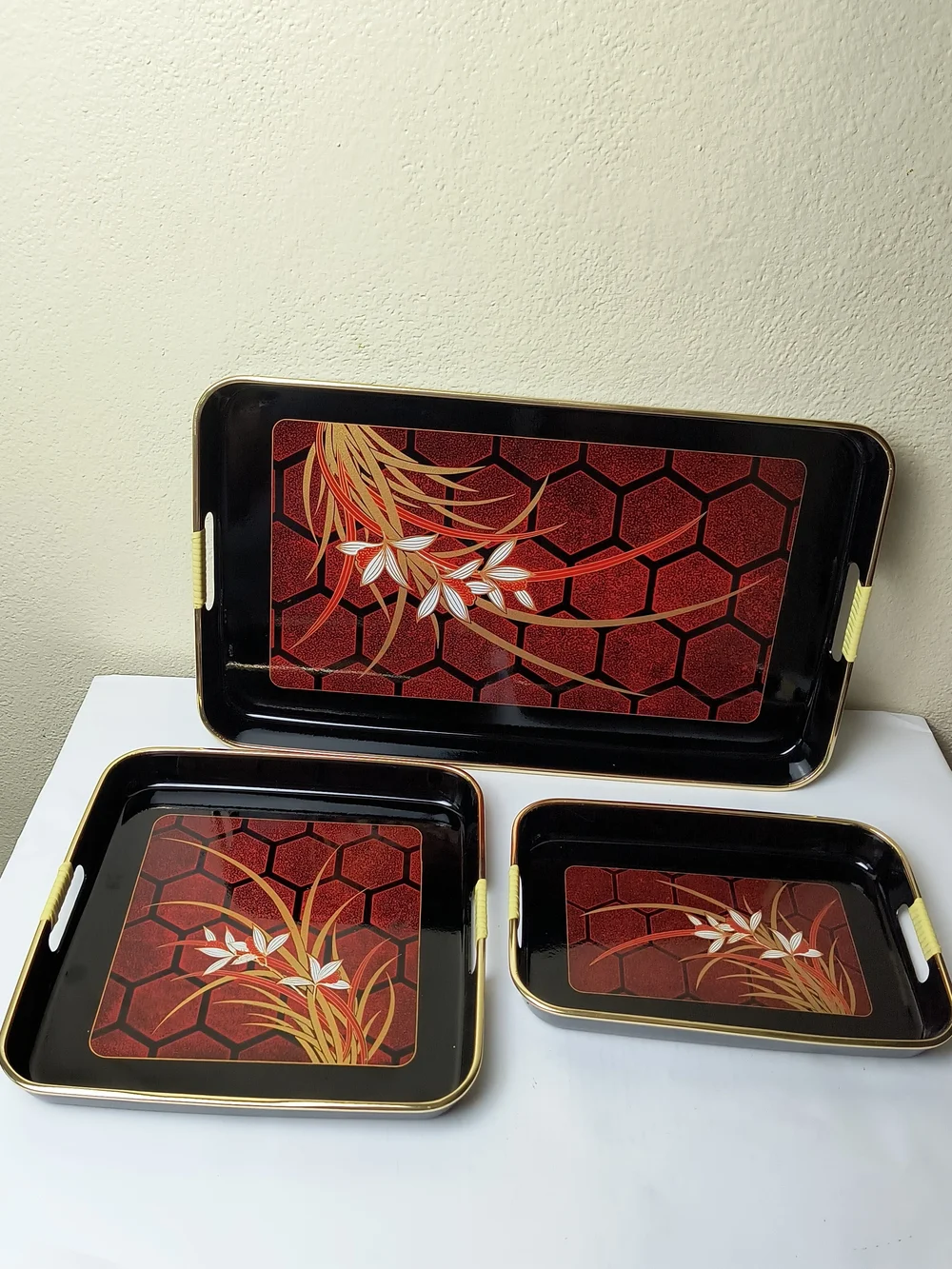 Vintage Himark NISHI GARDEN 3 pc Lacquerware Tray Set Japan 1984